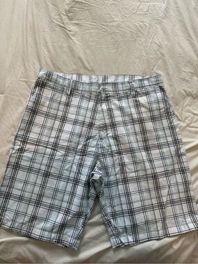 burnside White, Blue, and Black Plaid Flat Front Shorts